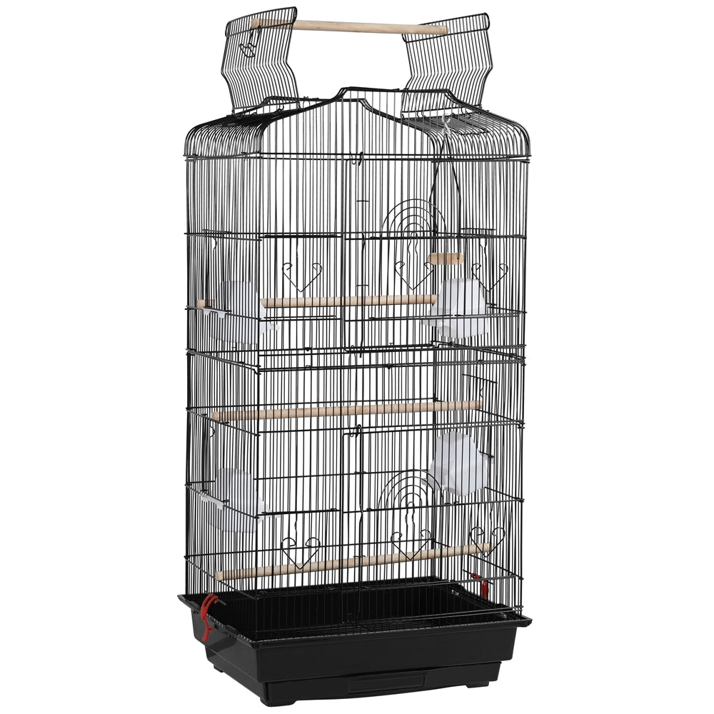 41'' H Open Top Metal Bird Cage with Four Feeders, Black
