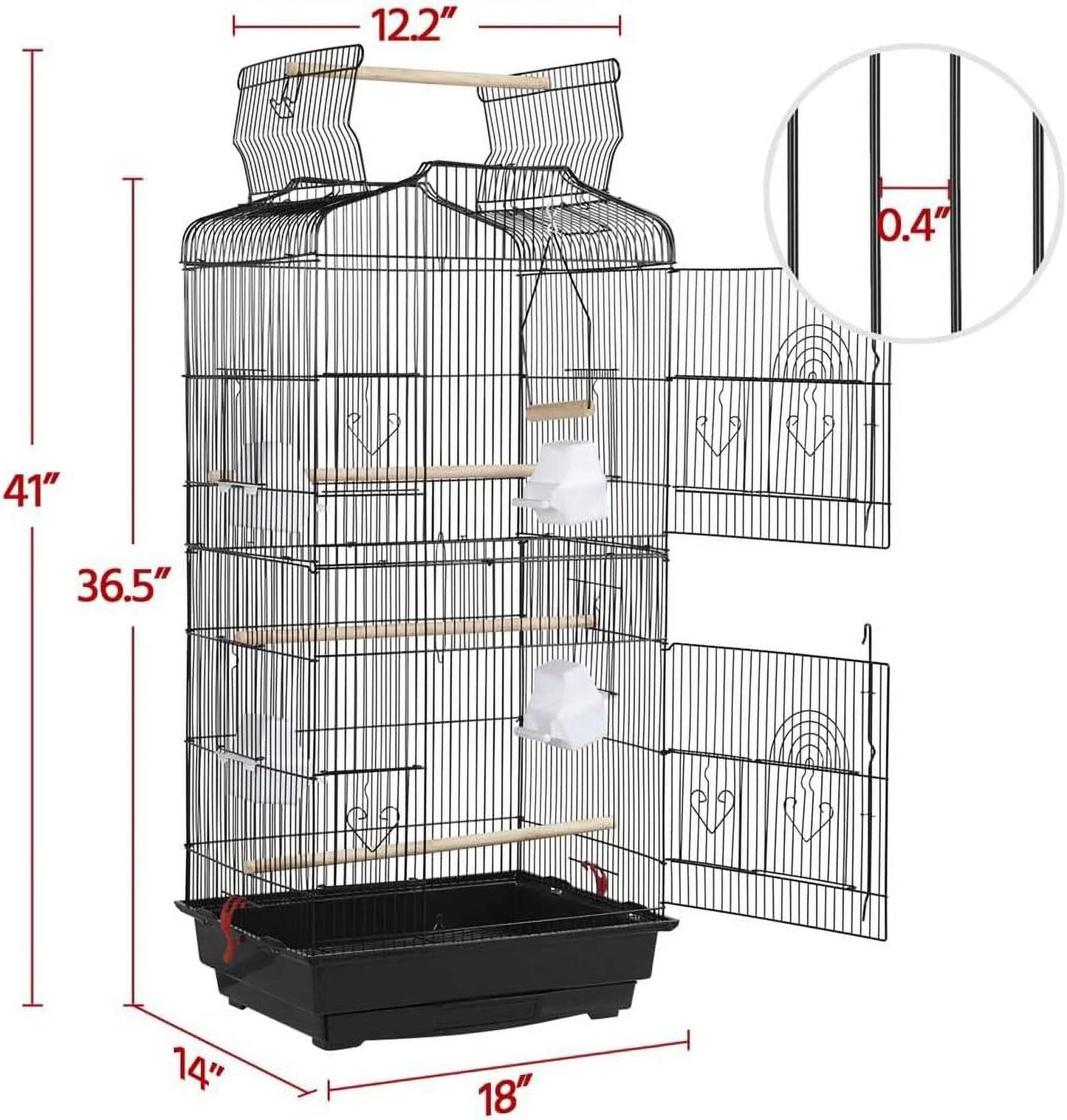 41'' H Open Top Metal Bird Cage with Four Feeders, Black