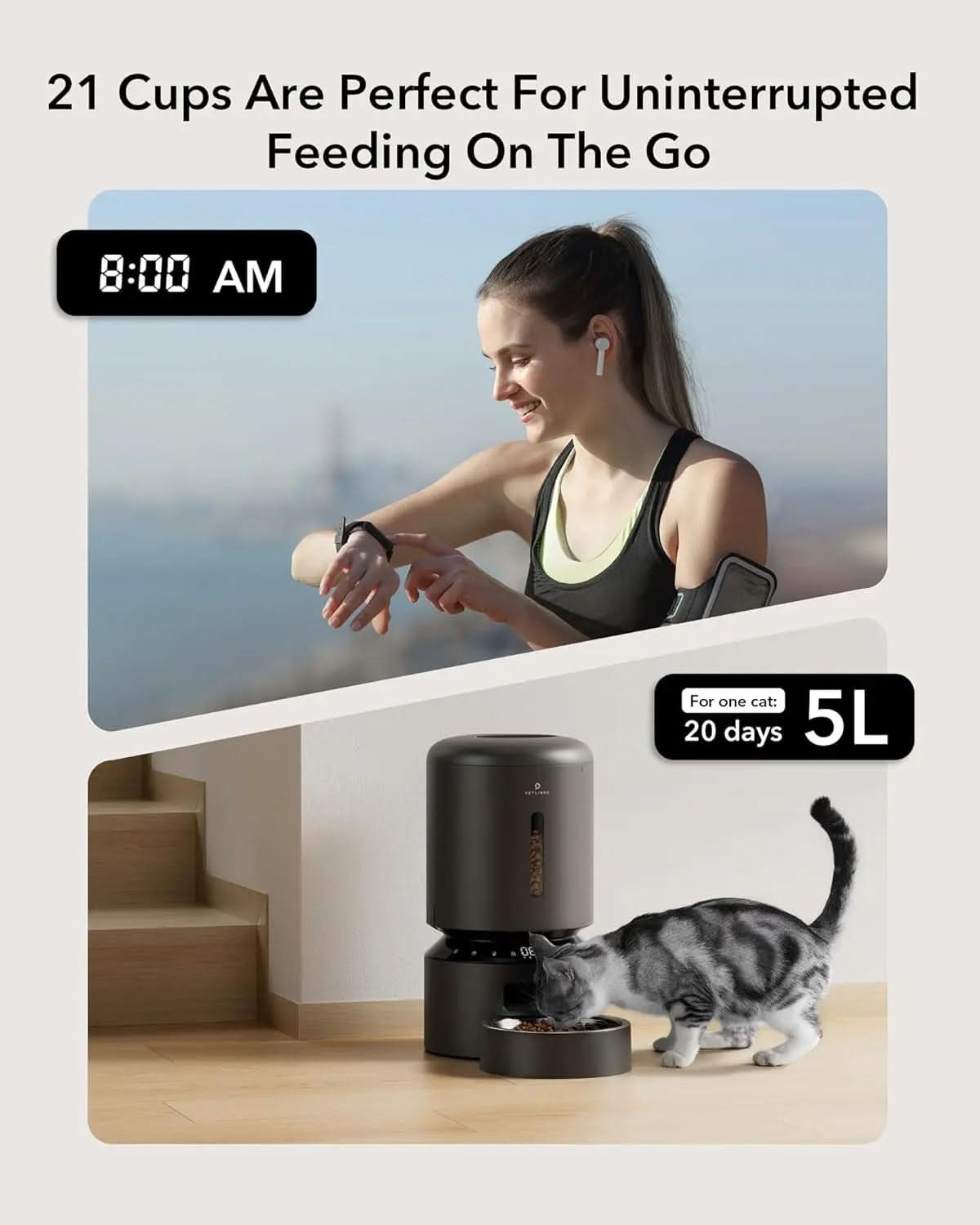 Automatic Pet Feeder for Cats and Dogs with Timer, Low Food, Motion, and Sound Alerts, 4L Capacity