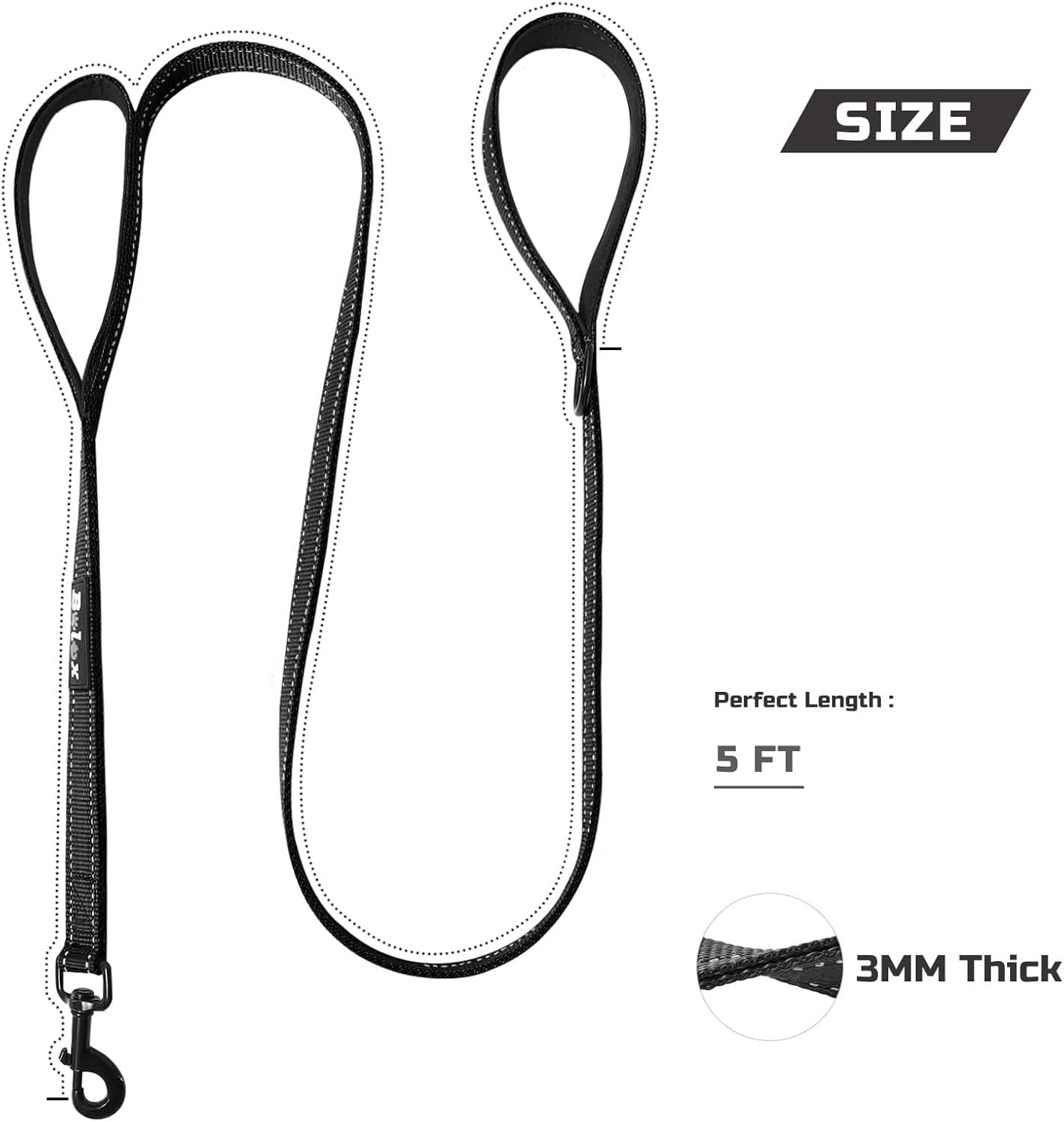 5Ft Heavy Duty Dog Leash with Dual Padded Handles – Reflective Training Lead for Enhanced Traffic Safety, Suitable for Dogs of All Sizes (Black)