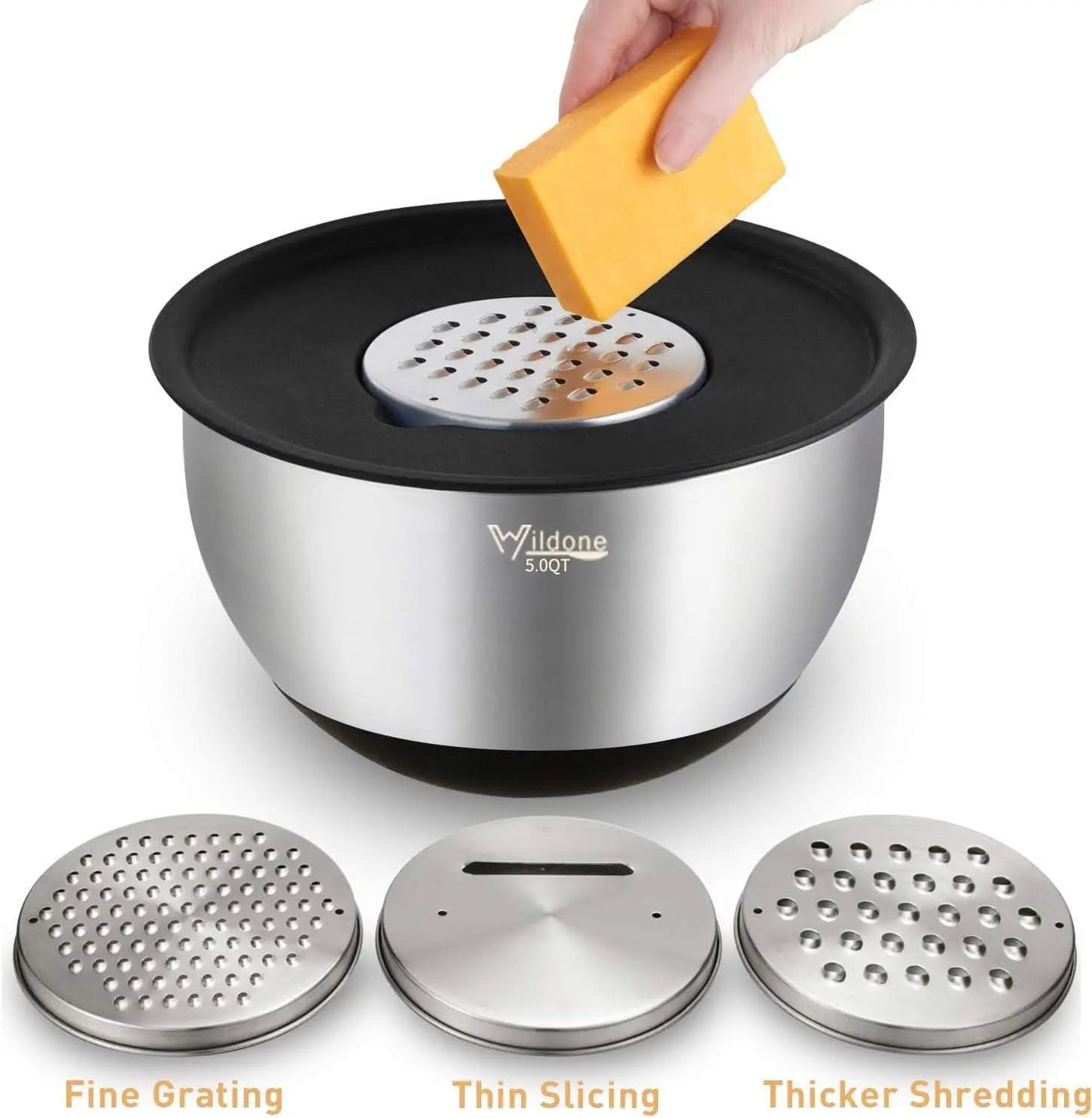 5-Piece Stainless Steel Mixing Bowl Set with Airtight Lids, Grater Attachments, and Non-Slip Bottoms - Ideal for Mixing and Serving, Sizes 5QT, 3QT, 2QT, 1.5QT, and 0.63QT