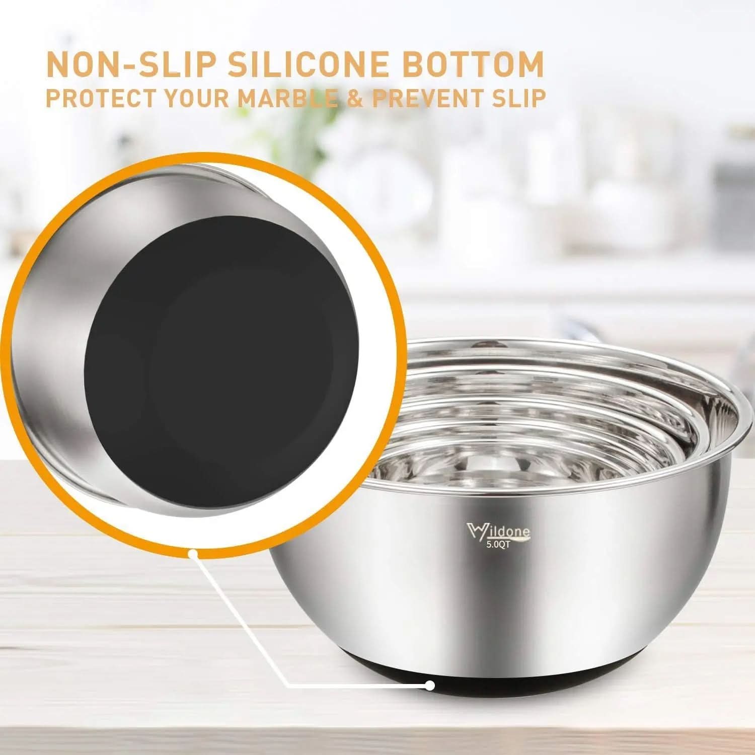 5-Piece Stainless Steel Mixing Bowl Set with Airtight Lids, Grater Attachments, and Non-Slip Bottoms - Ideal for Mixing and Serving, Sizes 5QT, 3QT, 2QT, 1.5QT, and 0.63QT