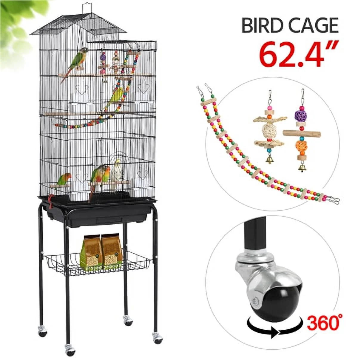 62.4"H Metal Rolling Mid-Size Bird Cage with Detachable Stand, Black