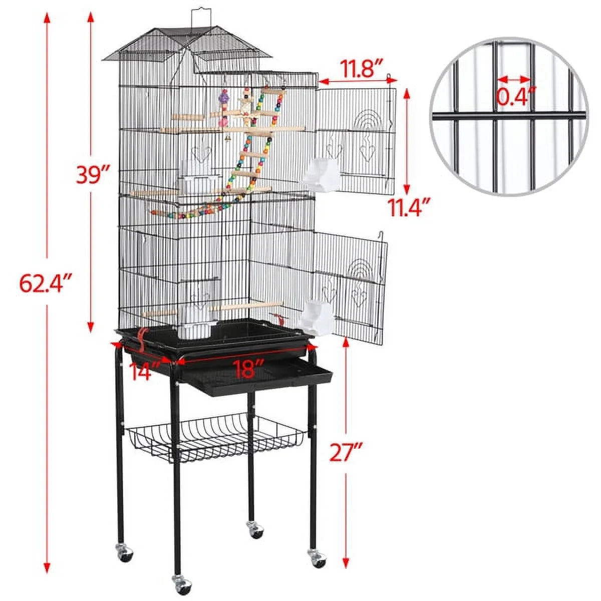 62.4"H Metal Rolling Mid-Size Bird Cage with Detachable Stand, Black
