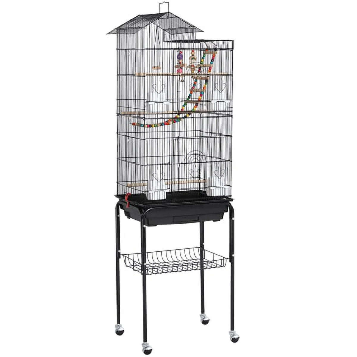 62.4"H Metal Rolling Mid-Size Bird Cage with Detachable Stand, Black