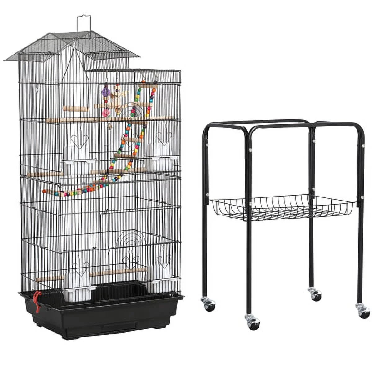 62.4"H Metal Rolling Mid-Size Bird Cage with Detachable Stand, Black