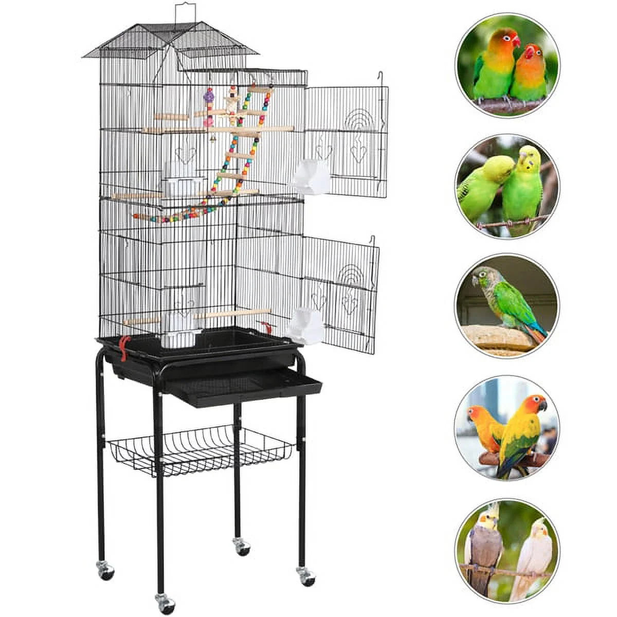 62.4"H Metal Rolling Mid-Size Bird Cage with Detachable Stand, Black