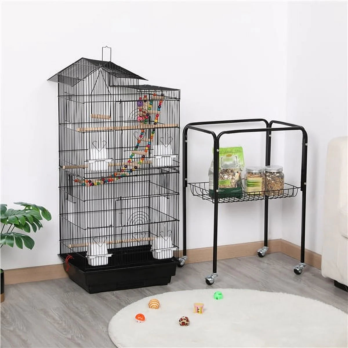62.4"H Metal Rolling Mid-Size Bird Cage with Detachable Stand, Black