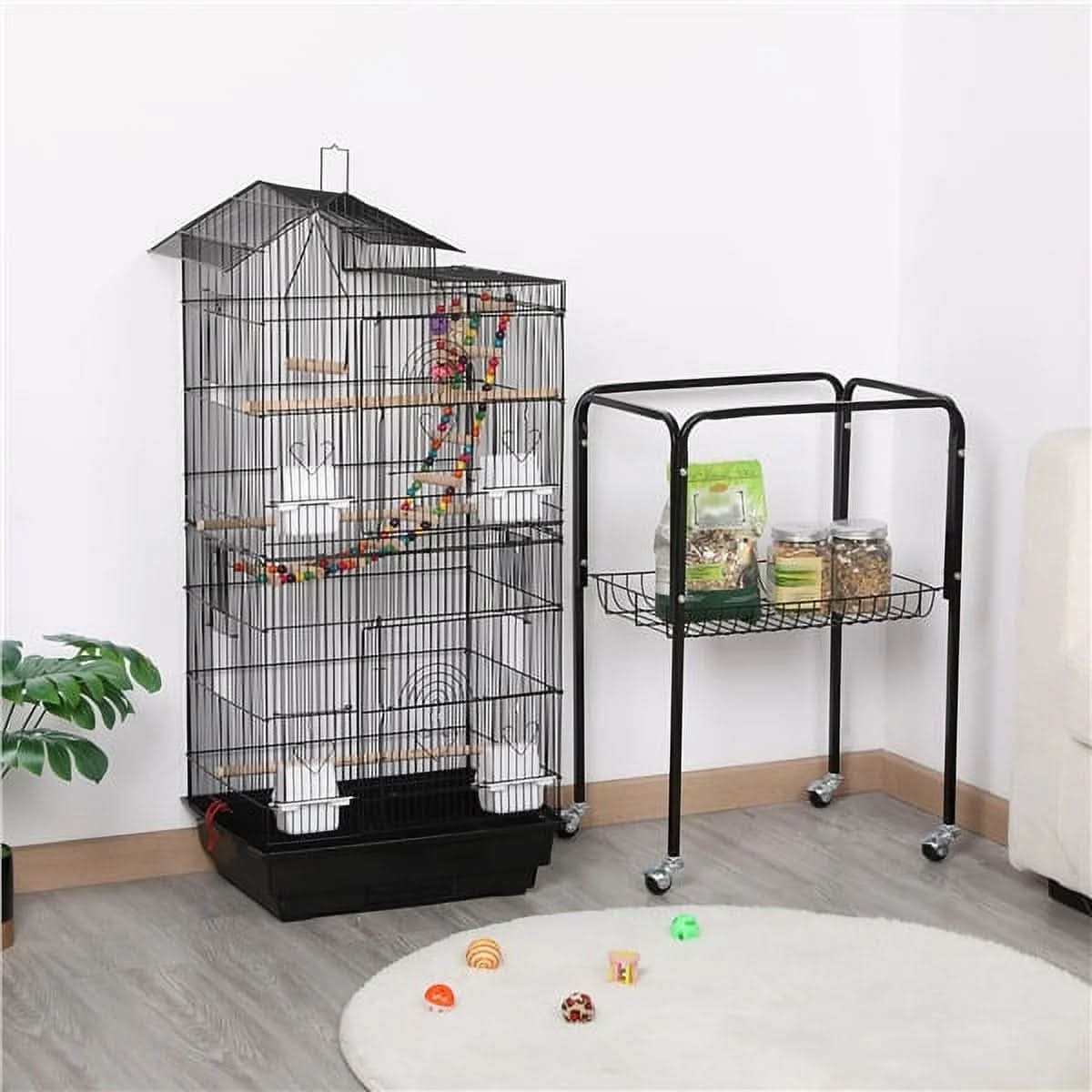 62.4"H Metal Rolling Mid-Size Bird Cage with Detachable Stand, Black