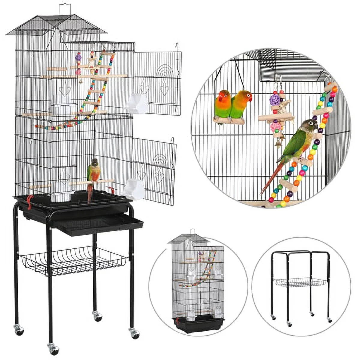 62.4"H Metal Rolling Mid-Size Bird Cage with Detachable Stand, Black