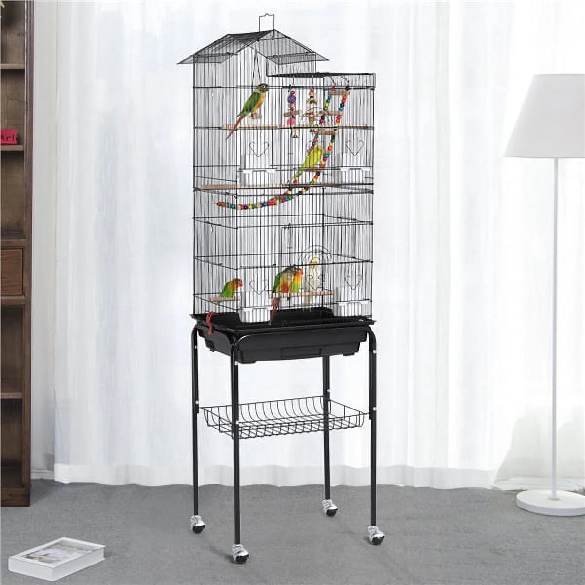 62.4"H Metal Rolling Mid-Size Bird Cage with Detachable Stand, Black