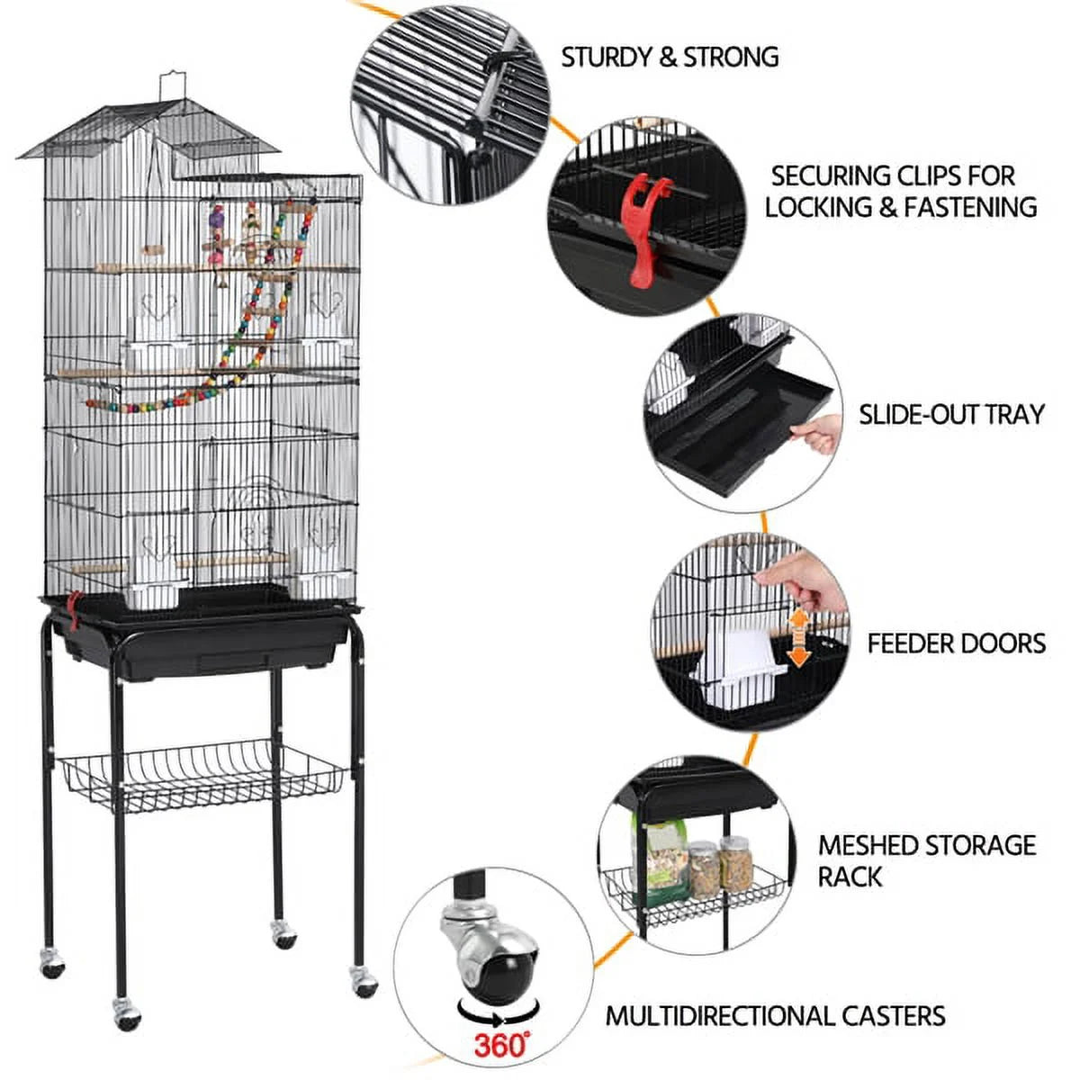 62.4"H Metal Rolling Mid-Size Bird Cage with Detachable Stand, Black