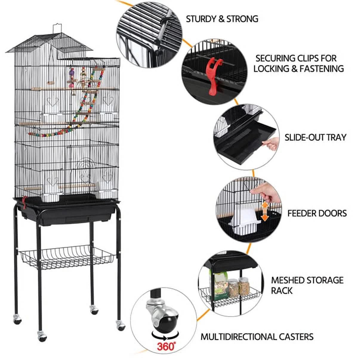 62.4"H Metal Rolling Mid-Size Bird Cage with Detachable Stand, Black