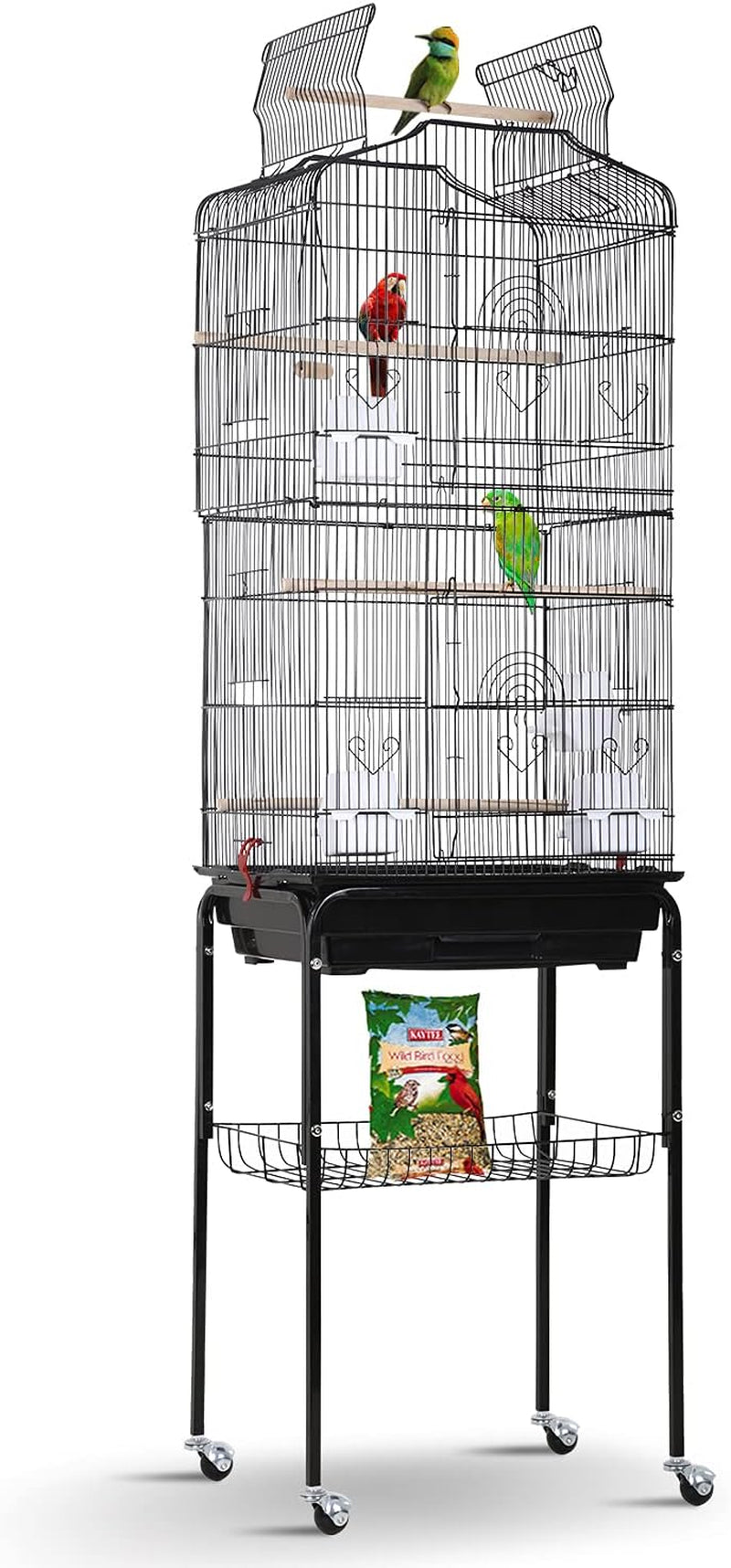 64-Inch Open Top Bird Cage with Rolling Stand for Parakeets, Cockatiels, Parrots, and Lovebirds - Black, Dimensions: 18" W x 14" D x 62" H