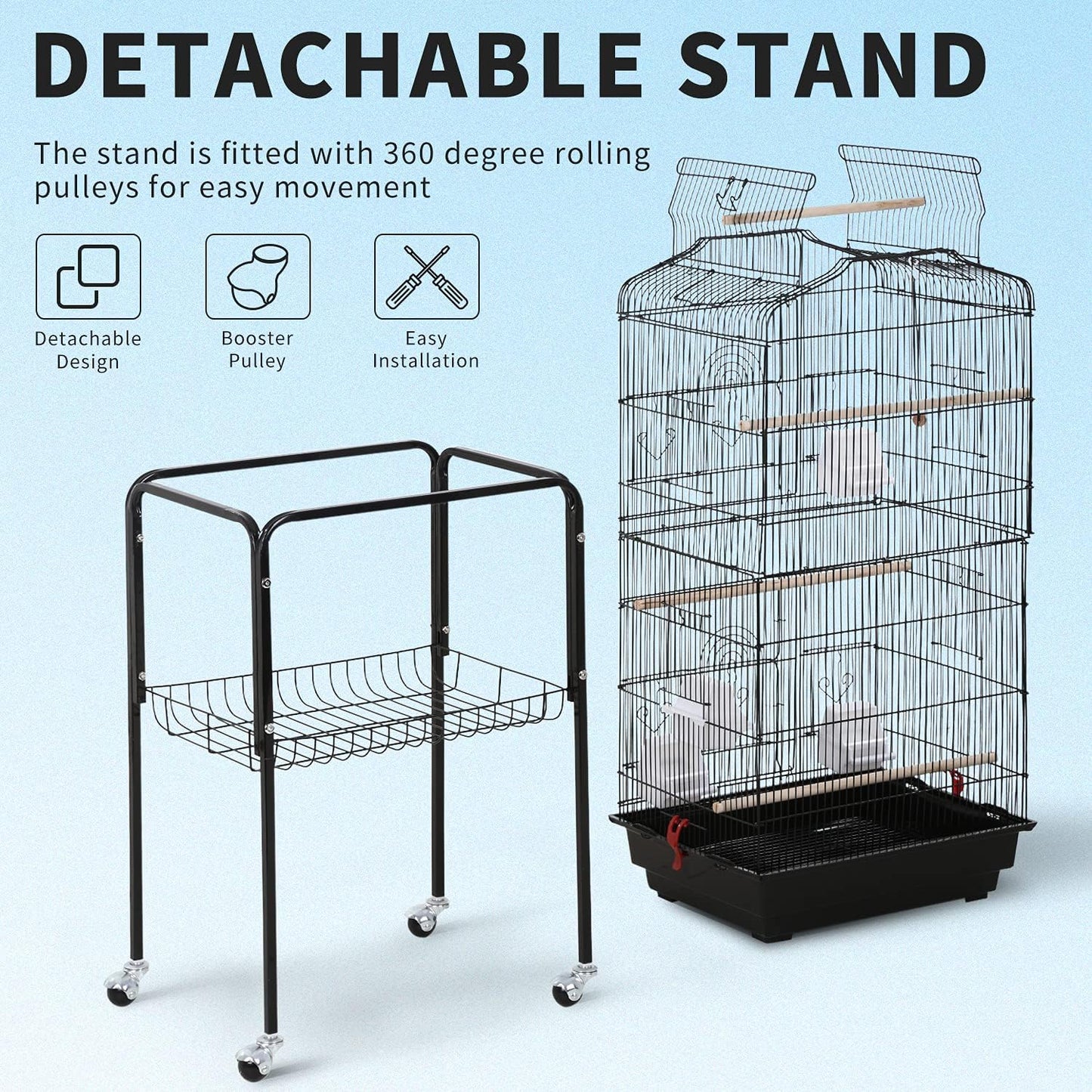 64-Inch Open Top Bird Cage with Rolling Stand for Parakeets, Cockatiels, Parrots, and Lovebirds - Black, Dimensions: 18" W x 14" D x 62" H