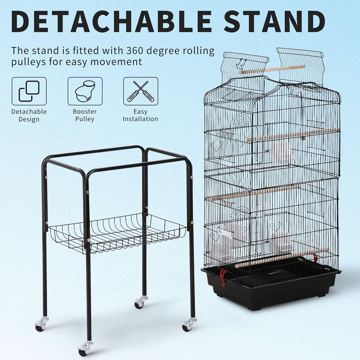 64-Inch Open Top Bird Cage with Rolling Stand for Parakeets, Cockatiels, Parrots, and Lovebirds - Black, Dimensions: 18" W x 14" D x 62" H