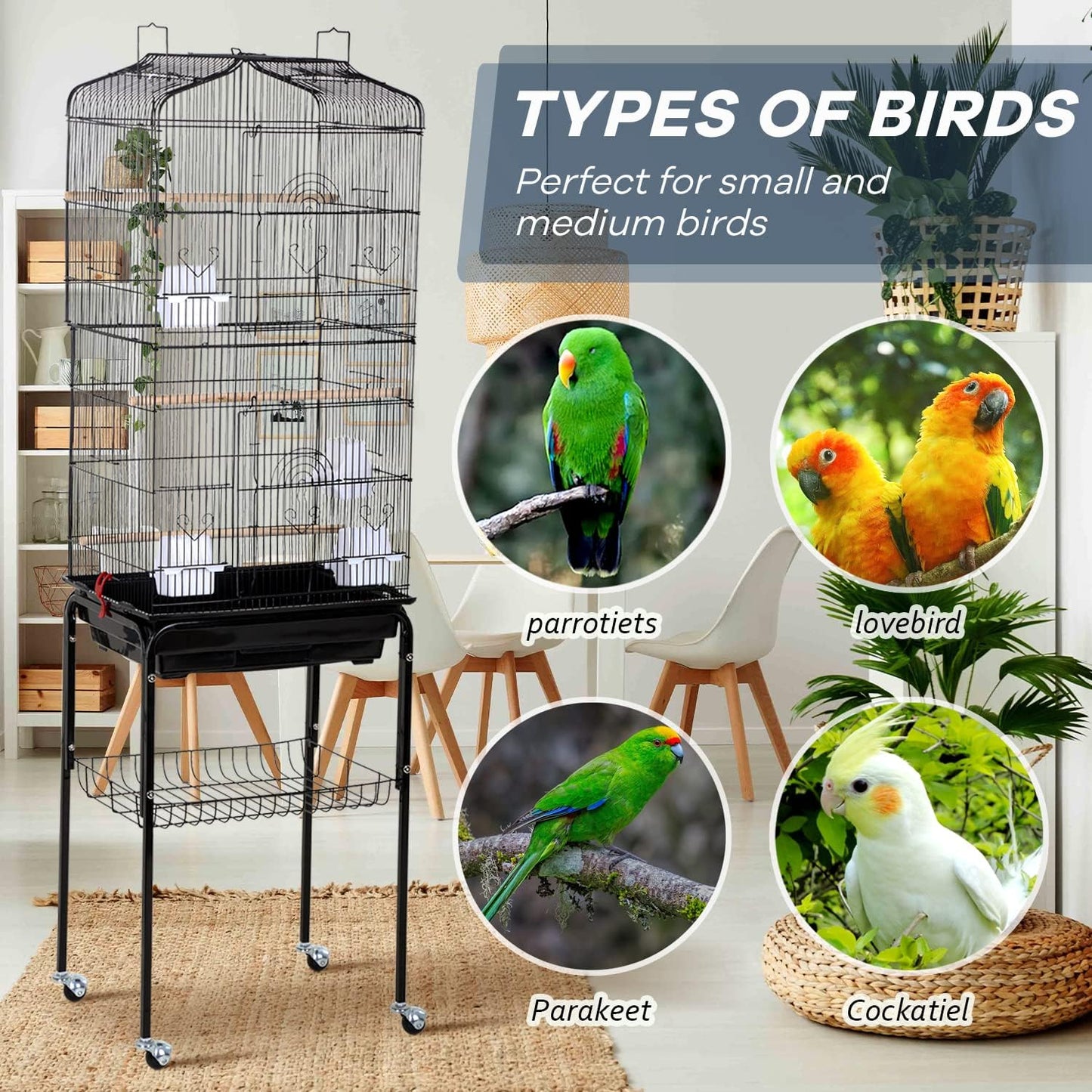 64-Inch Open Top Bird Cage with Rolling Stand for Parakeets, Cockatiels, Parrots, and Lovebirds - Black, Dimensions: 18" W x 14" D x 62" H