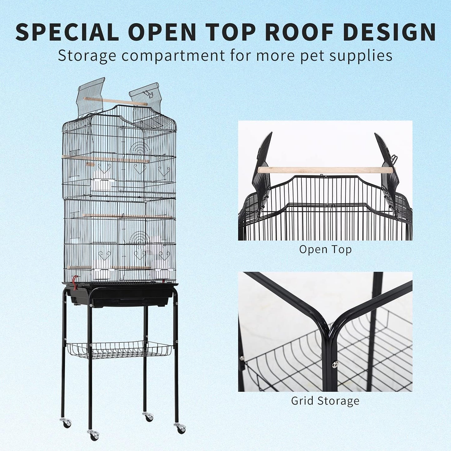 64-Inch Open Top Bird Cage with Rolling Stand for Parakeets, Cockatiels, Parrots, and Lovebirds - Black, Dimensions: 18" W x 14" D x 62" H