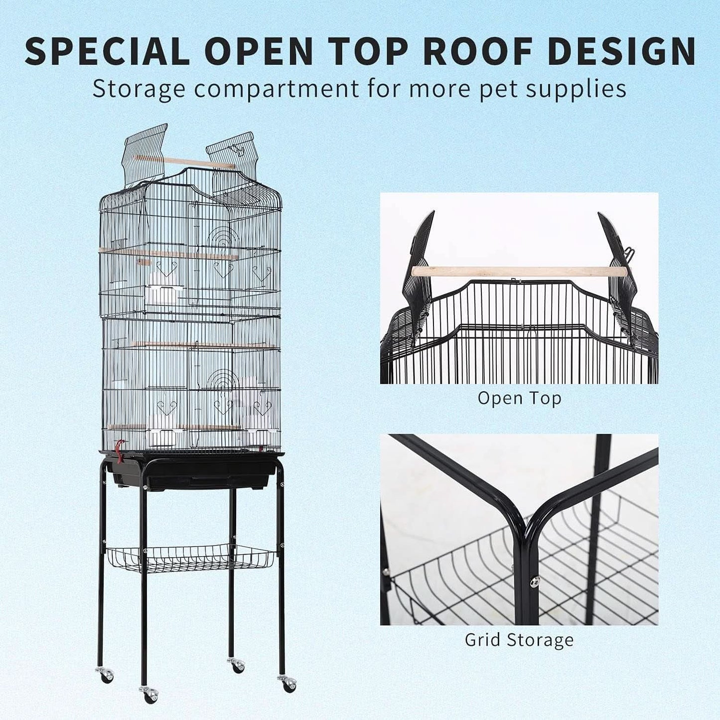 64-Inch Open Top Bird Cage with Rolling Stand for Parakeets, Cockatiels, Parrots, and Lovebirds - Black, Dimensions: 18" W x 14" D x 62" H