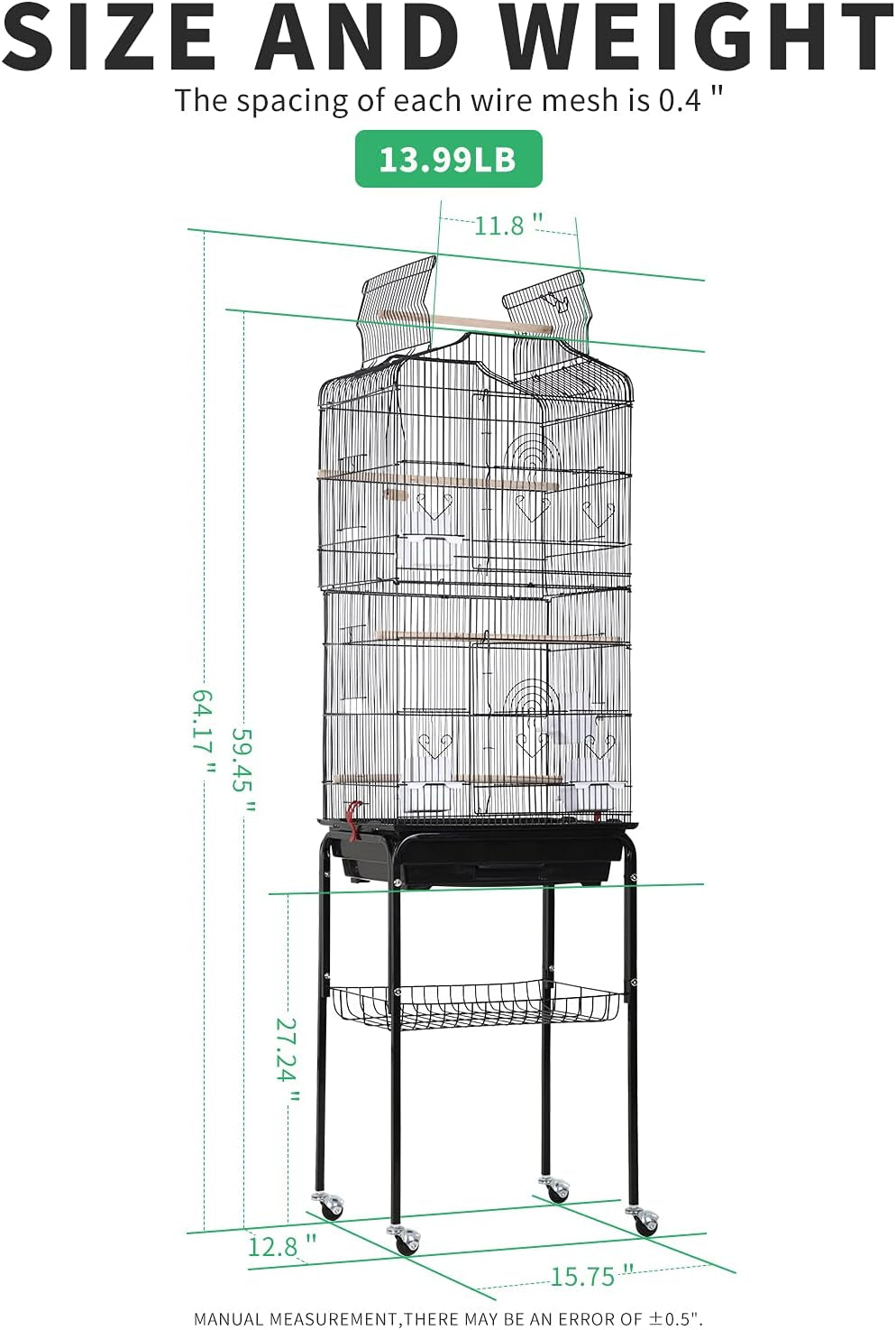 64-Inch Open Top Bird Cage with Rolling Stand for Parakeets, Cockatiels, Parrots, and Lovebirds - Black, Dimensions: 18" W x 14" D x 62" H