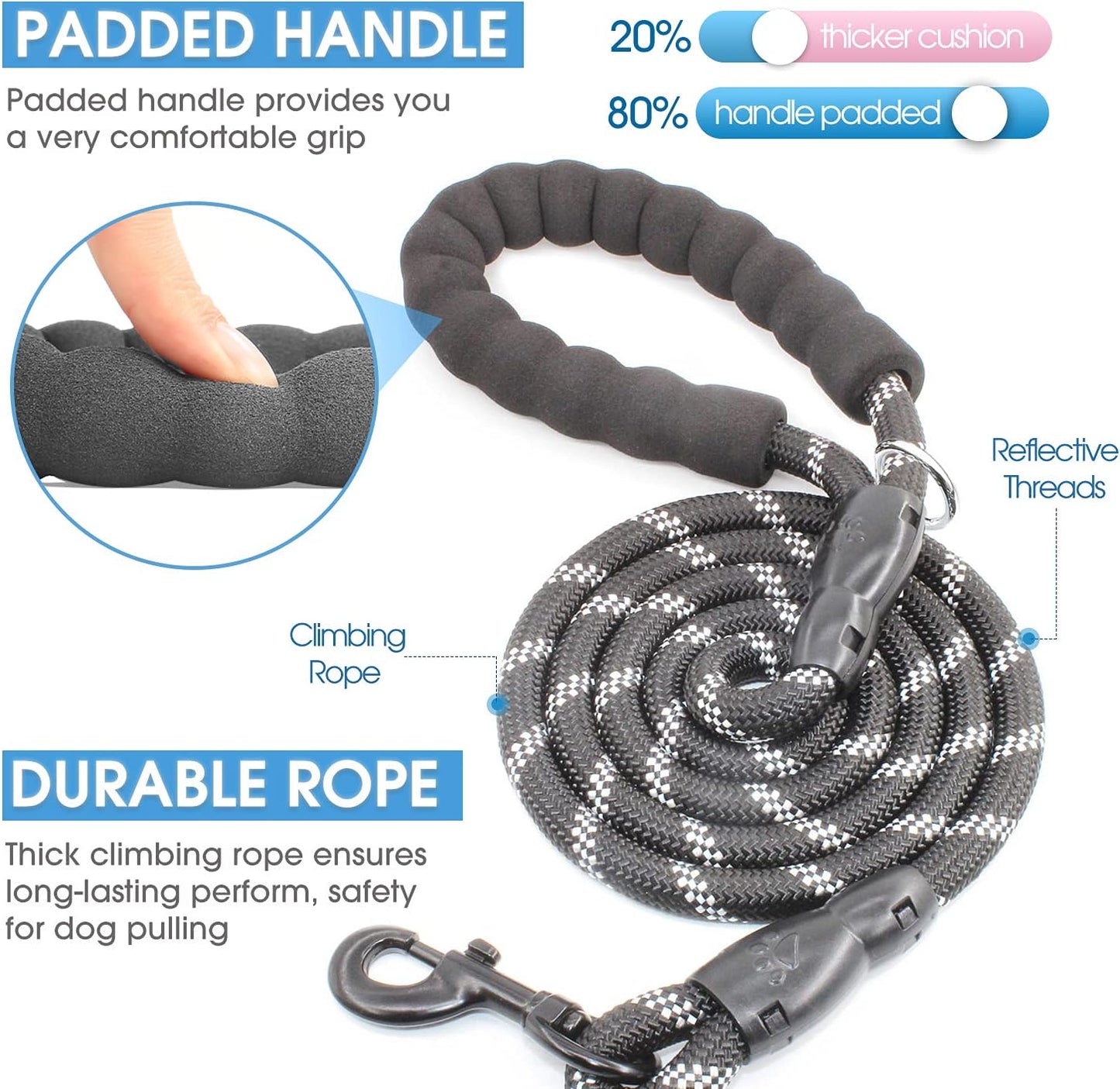 2-Pack 5/6 FT Dog Leash Set with Padded Handle and Reflective Threads for Small, Medium, and Large Dogs (5FT-1/2'', Black)