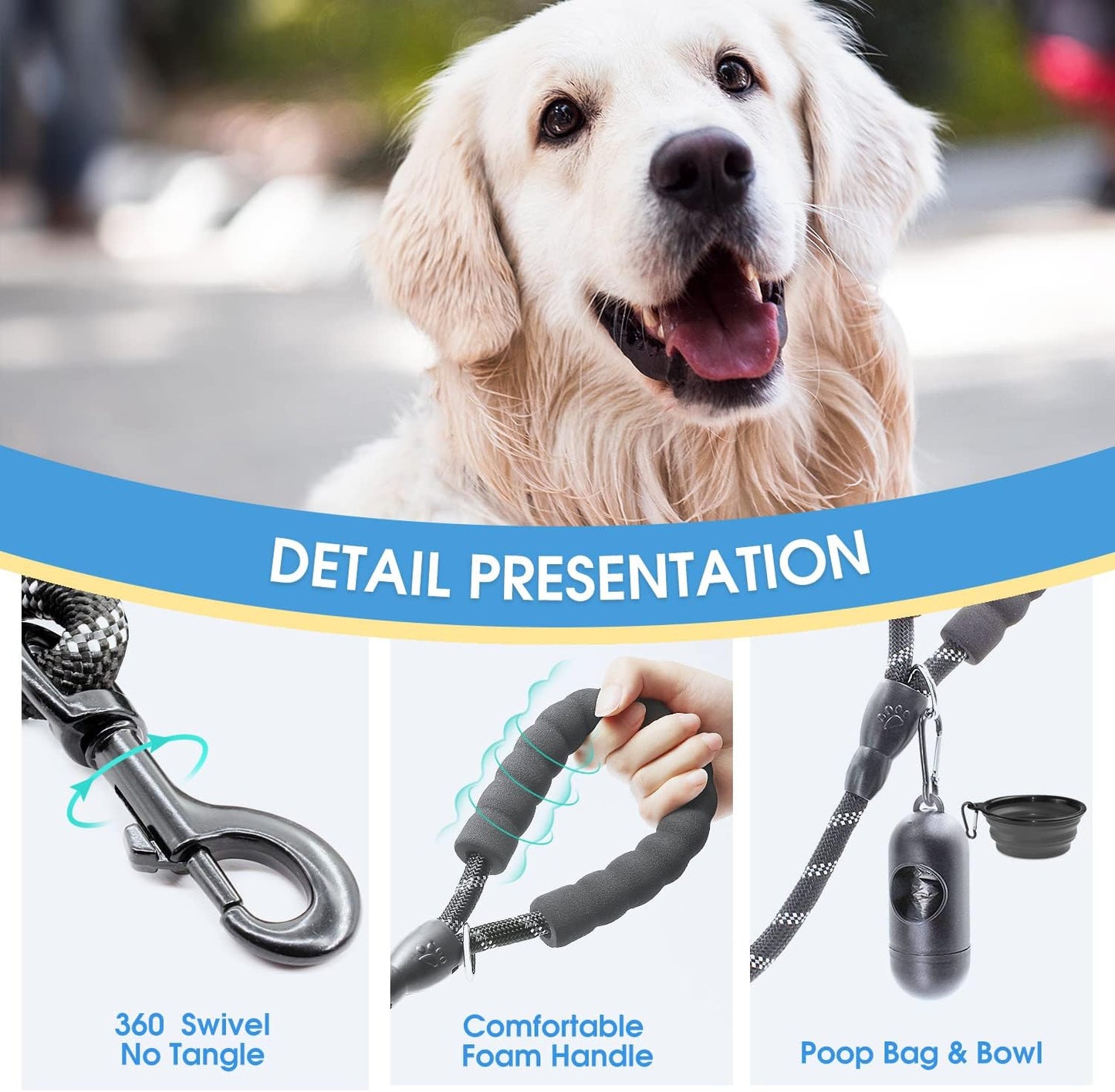2-Pack 5/6 FT Dog Leash Set with Padded Handle and Reflective Threads for Small, Medium, and Large Dogs (5FT-1/2'', Black)