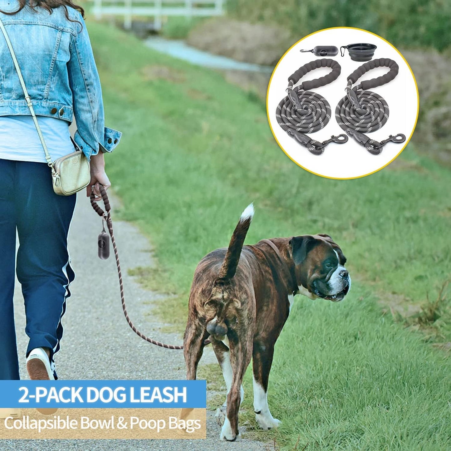 2-Pack 5/6 FT Dog Leash Set with Padded Handle and Reflective Threads for Small, Medium, and Large Dogs (5FT-1/2'', Black)
