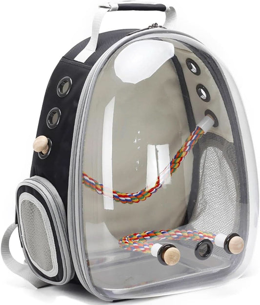 Premium Bird Travel Carrier, Transparent Space Capsule Backpack for Parakeets, Cockatiels, and Parrots with Metal Tray and Wood Perch, Ideal for Veterinary Transport and School Use