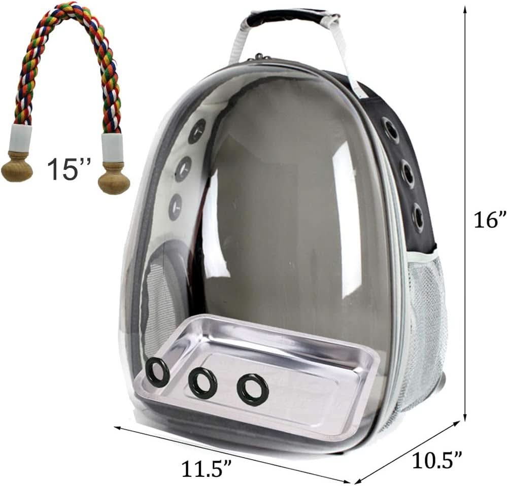 Premium Bird Travel Carrier, Transparent Space Capsule Backpack for Parakeets, Cockatiels, and Parrots with Metal Tray and Wood Perch, Ideal for Veterinary Transport and School Use