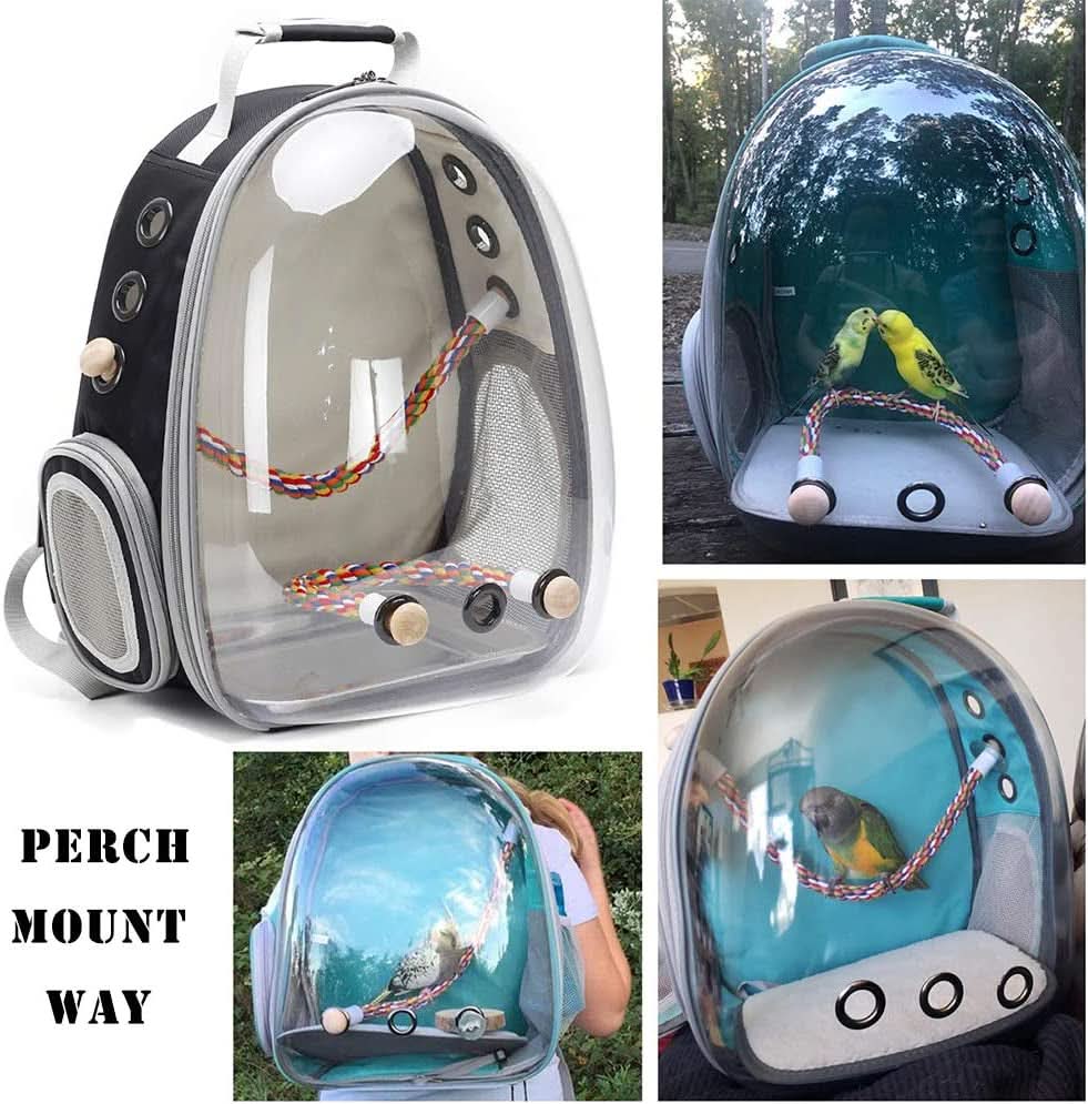 Premium Bird Travel Carrier, Transparent Space Capsule Backpack for Parakeets, Cockatiels, and Parrots with Metal Tray and Wood Perch, Ideal for Veterinary Transport and School Use
