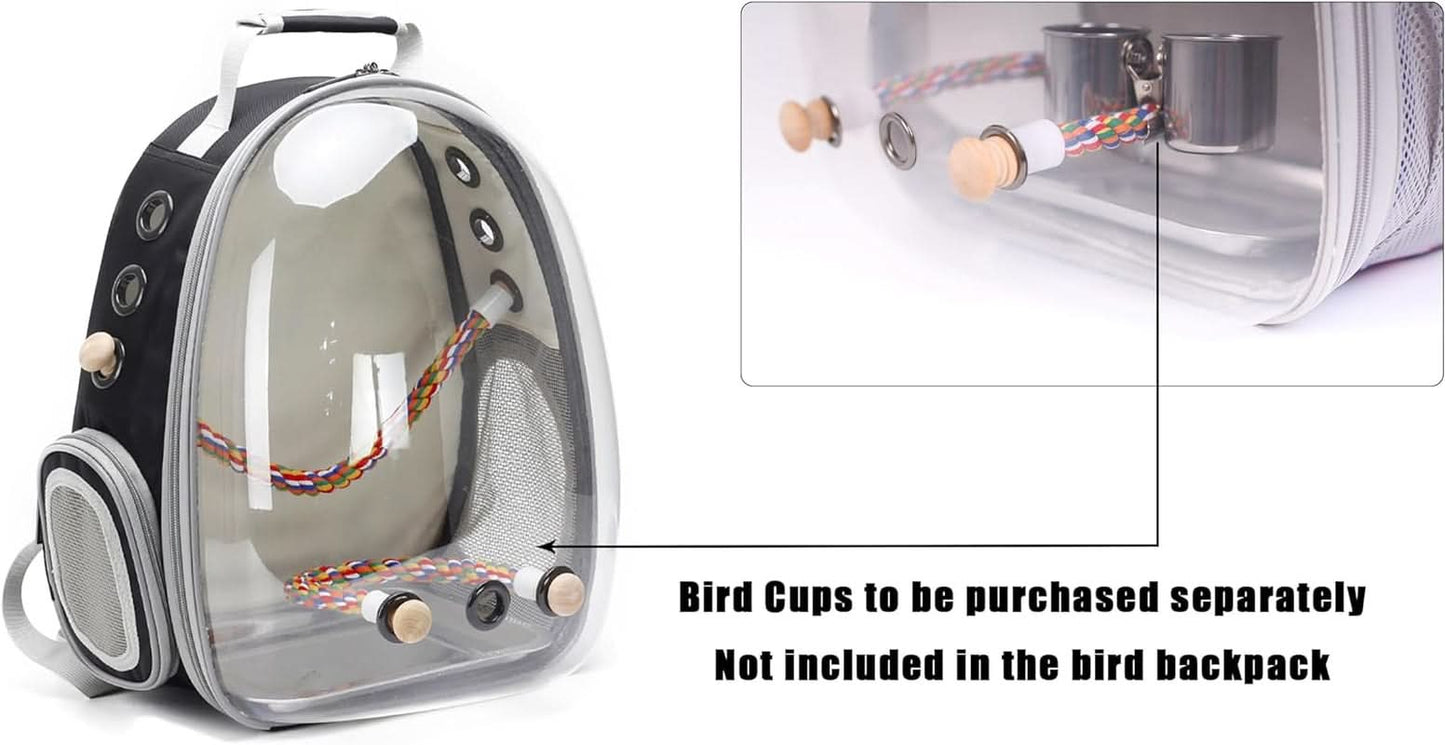 Premium Bird Travel Carrier, Transparent Space Capsule Backpack for Parakeets, Cockatiels, and Parrots with Metal Tray and Wood Perch, Ideal for Veterinary Transport and School Use