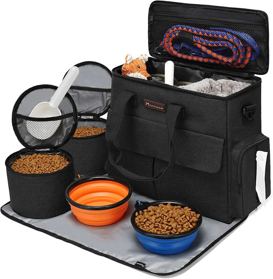 Dog Travel Bag - Complete Weekend Travel Kit with Organizer, 2 Collapsible Bowls, and 2 Travel Food Containers (Black)