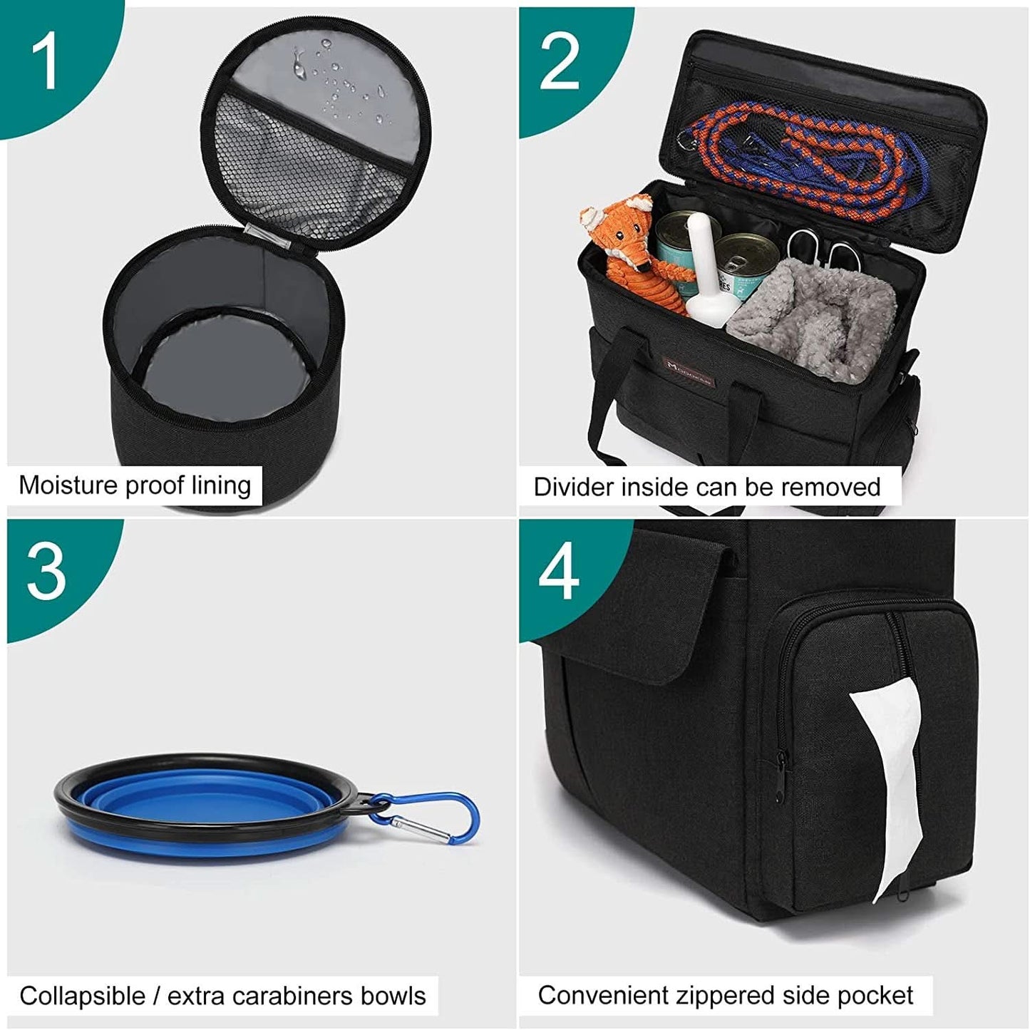 Dog Travel Bag - Complete Weekend Travel Kit with Organizer, 2 Collapsible Bowls, and 2 Travel Food Containers (Black)