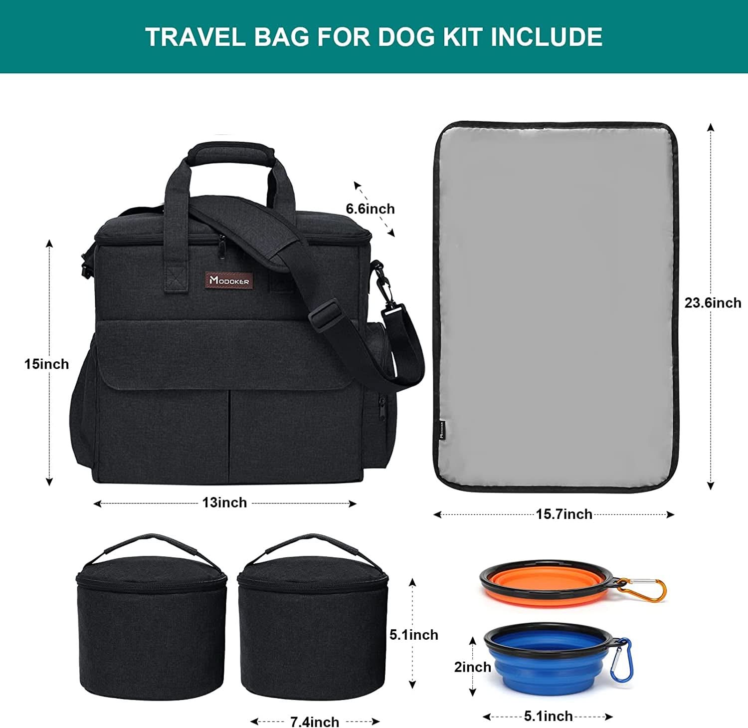 Dog Travel Bag - Complete Weekend Travel Kit with Organizer, 2 Collapsible Bowls, and 2 Travel Food Containers (Black)
