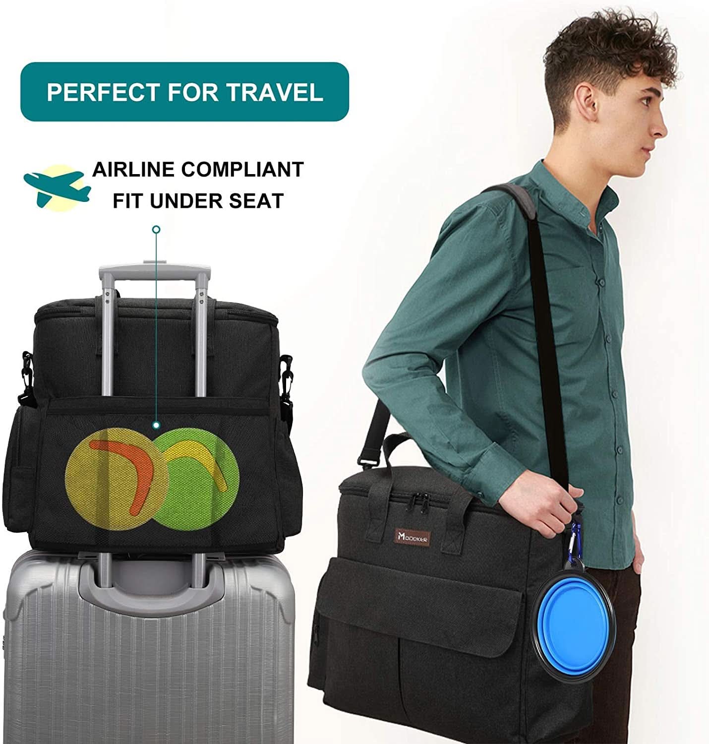 Dog Travel Bag - Complete Weekend Travel Kit with Organizer, 2 Collapsible Bowls, and 2 Travel Food Containers (Black)