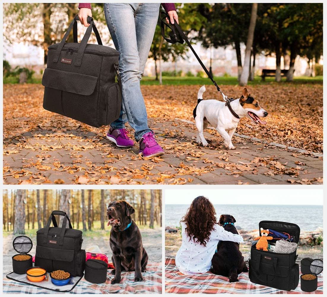 Dog Travel Bag - Complete Weekend Travel Kit with Organizer, 2 Collapsible Bowls, and 2 Travel Food Containers (Black)