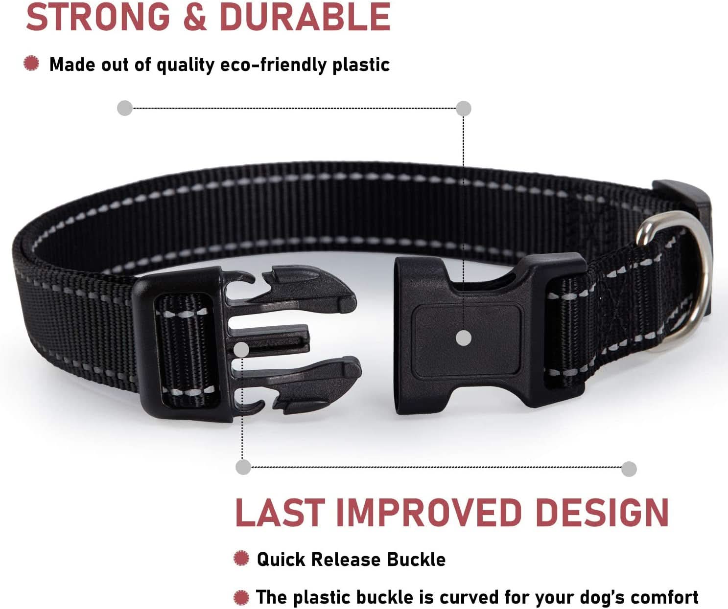 Adjustable Reflective Nylon Dog Collar with Buckle for Small, Medium, and Large Dogs - Black, Medium Size