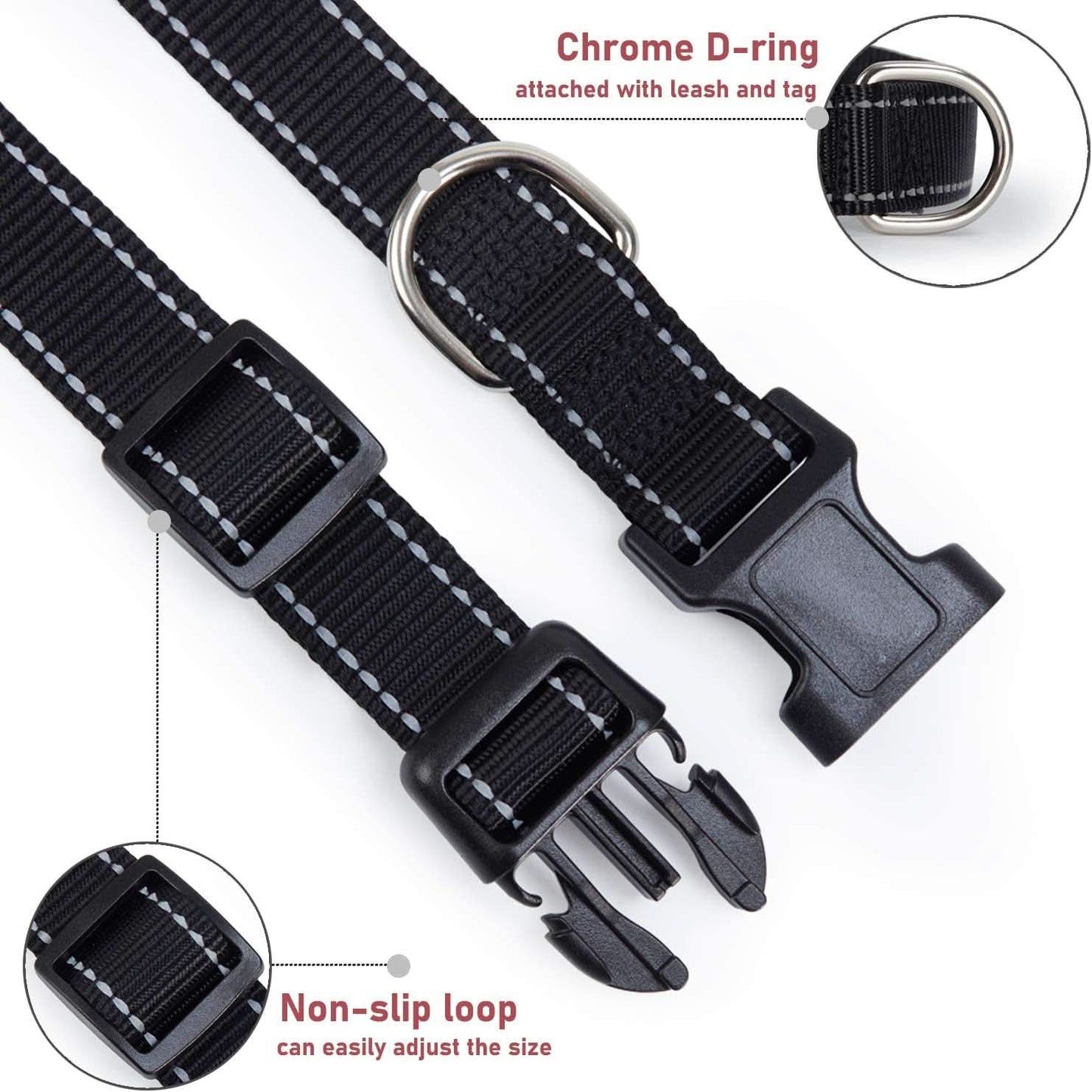 Adjustable Reflective Nylon Dog Collar with Buckle for Small, Medium, and Large Dogs - Black, Medium Size