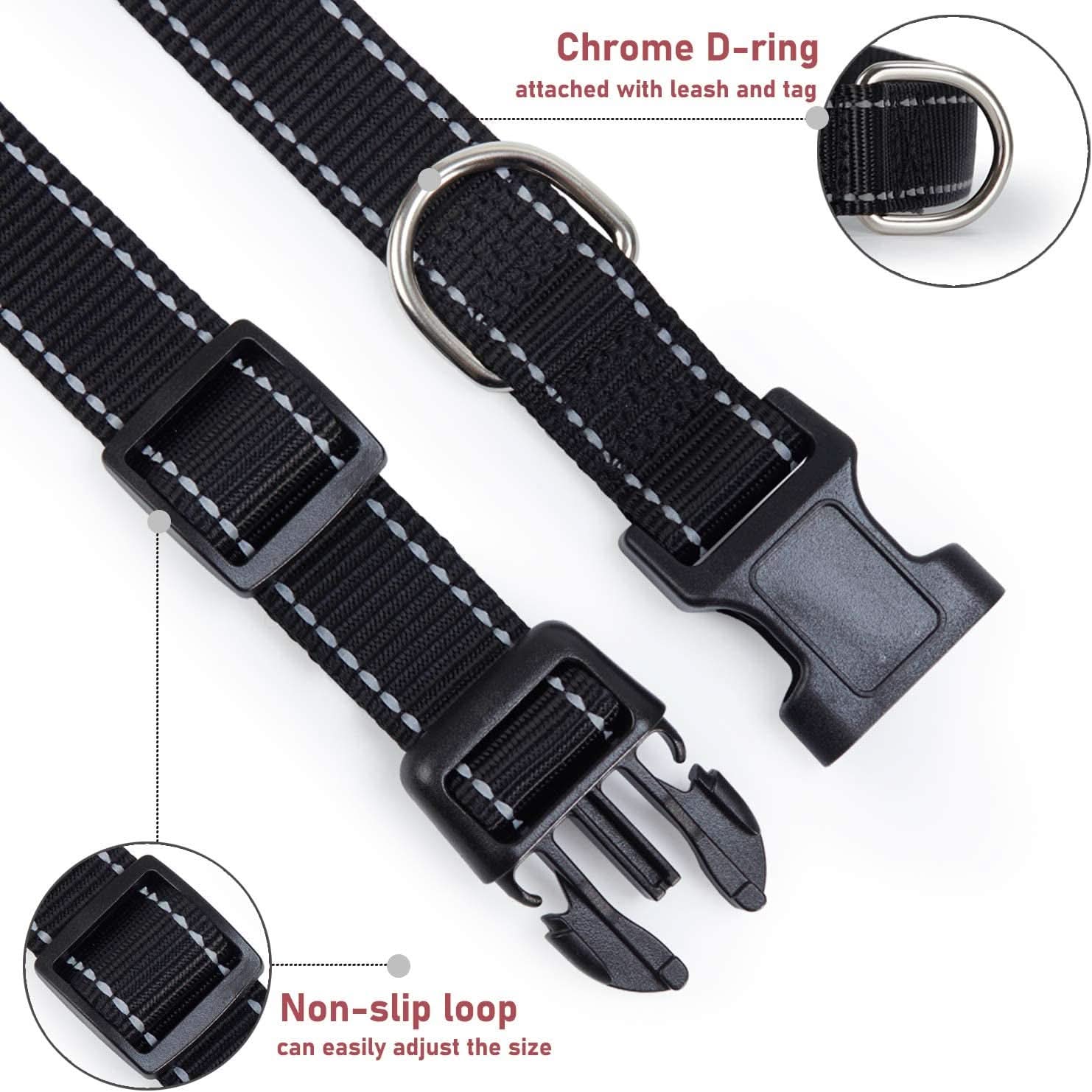 Adjustable Reflective Nylon Dog Collar with Buckle for Small, Medium, and Large Dogs - Black, Medium Size
