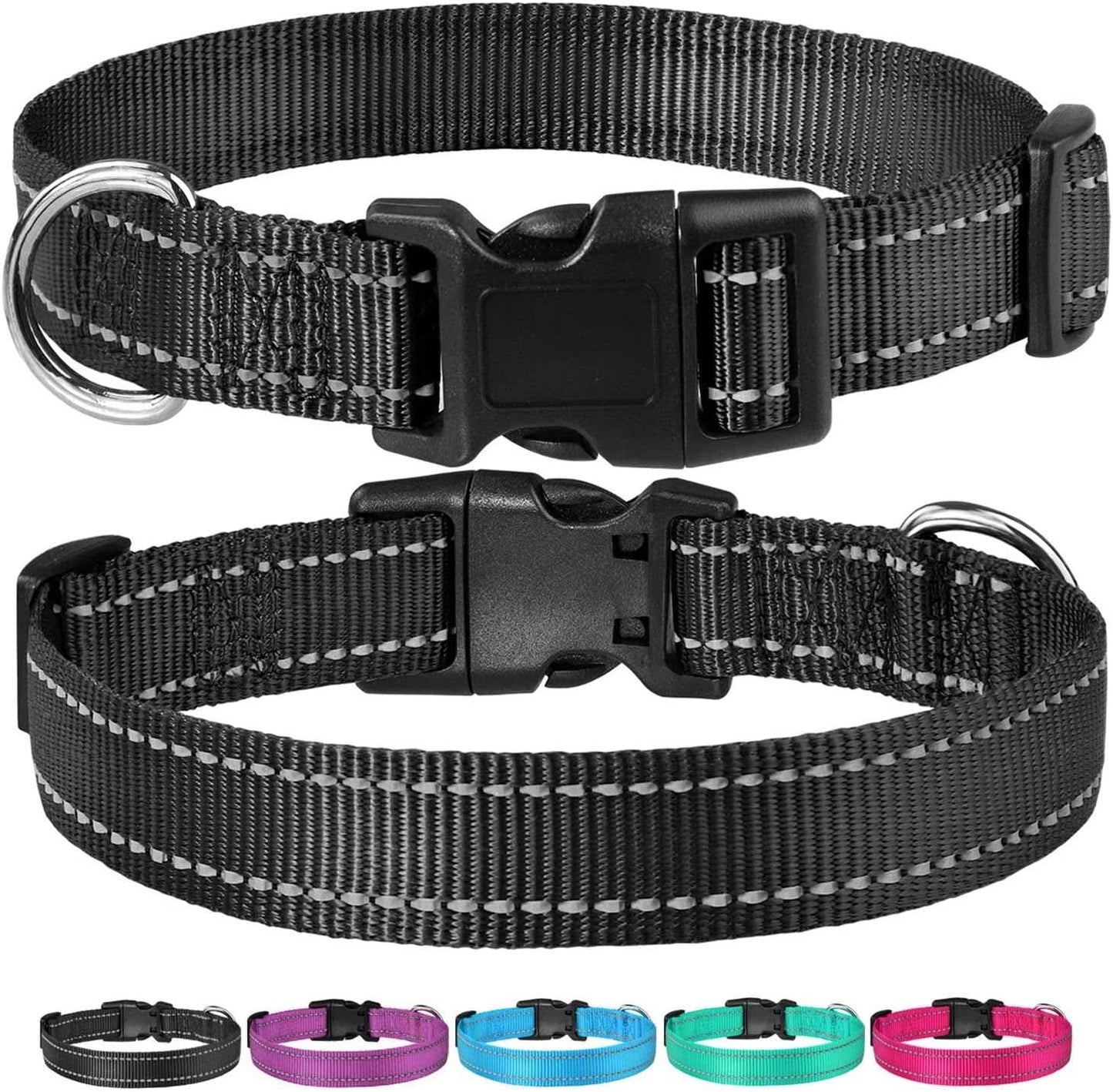 Adjustable Reflective Nylon Dog Collar with Buckle for Small, Medium, and Large Dogs - Black, Medium Size