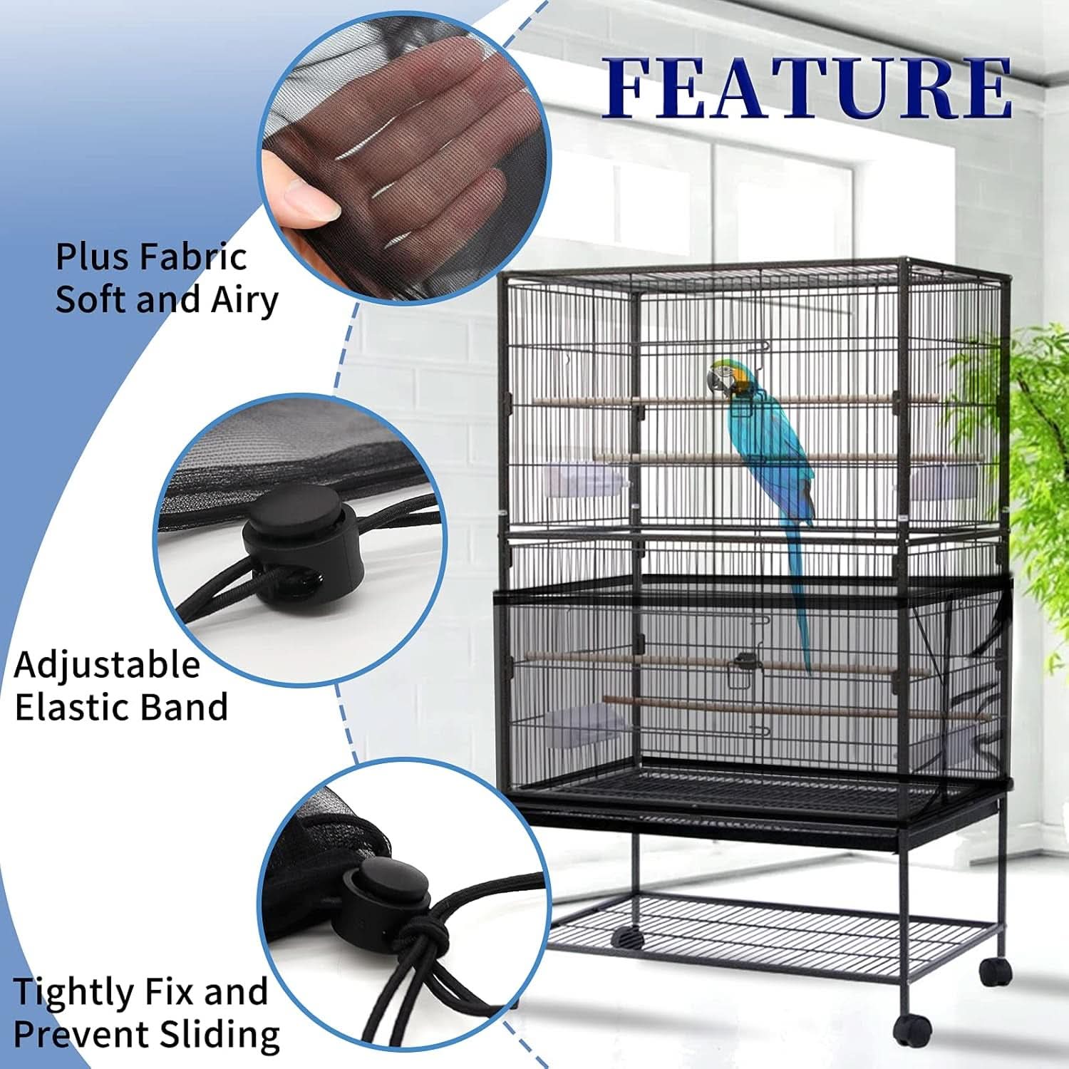 Premium Bird Cage Cover and Seed Catcher, Adjustable Soft Nylon Mesh Skirt for Parrots, Parakeets, Macaws, and Round or Square Cages (Black)