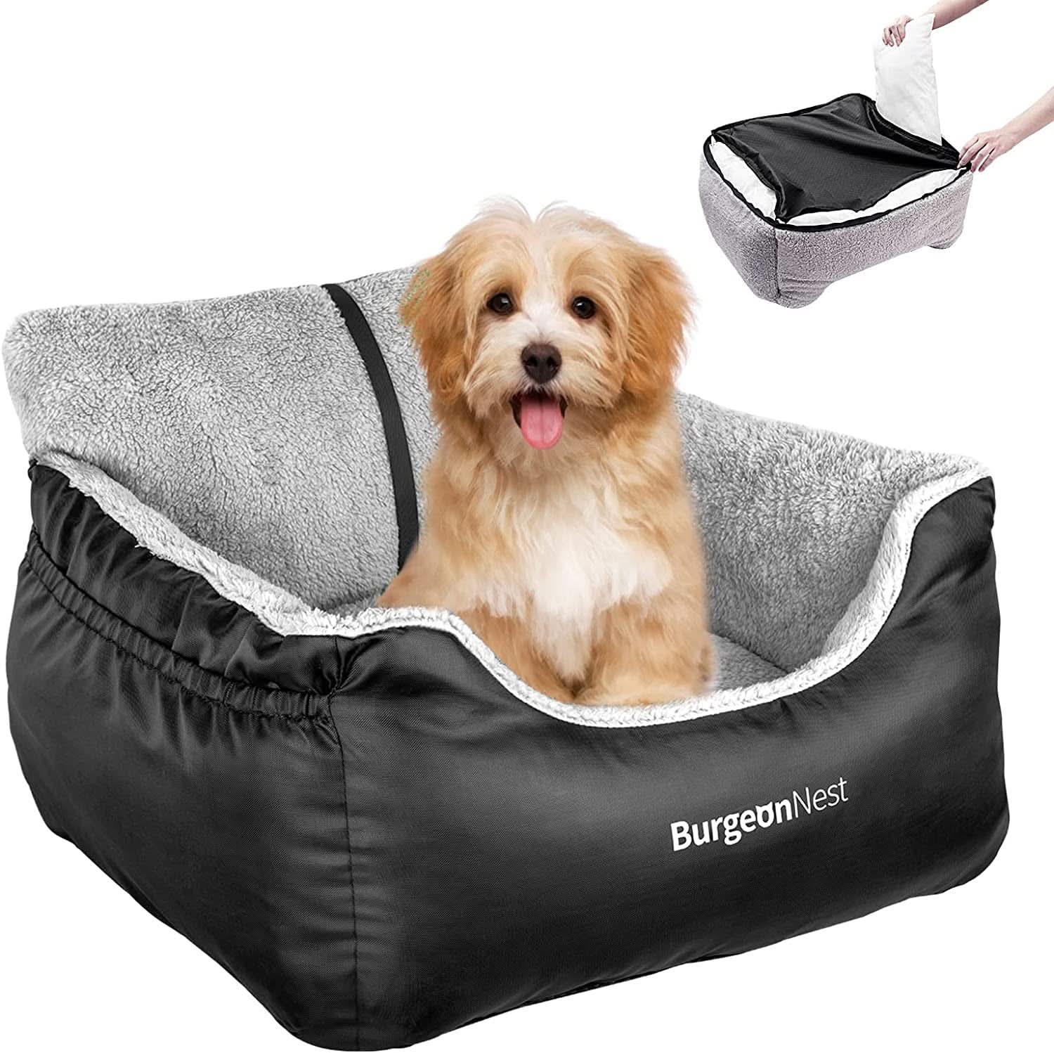 Portable Dog Car Seat for Small Pets, Soft and Washable Travel Bed for Dogs Under 25 lbs, Detachable Cat Booster Seat with Storage Pockets and Clip-On Leash, Black