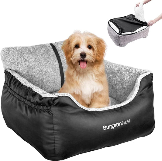 Portable Dog Car Seat for Small Pets, Soft and Washable Travel Bed for Dogs Under 25 lbs, Detachable Cat Booster Seat with Storage Pockets and Clip-On Leash, Black