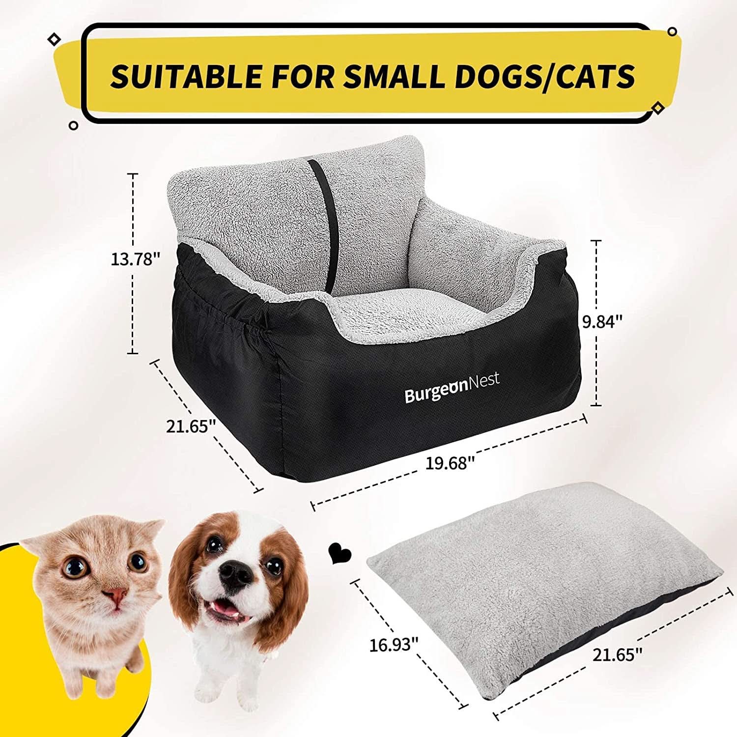 Portable Dog Car Seat for Small Pets, Soft and Washable Travel Bed for Dogs Under 25 lbs, Detachable Cat Booster Seat with Storage Pockets and Clip-On Leash, Black