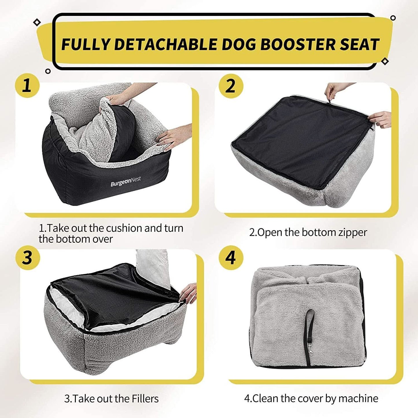 Portable Dog Car Seat for Small Pets, Soft and Washable Travel Bed for Dogs Under 25 lbs, Detachable Cat Booster Seat with Storage Pockets and Clip-On Leash, Black