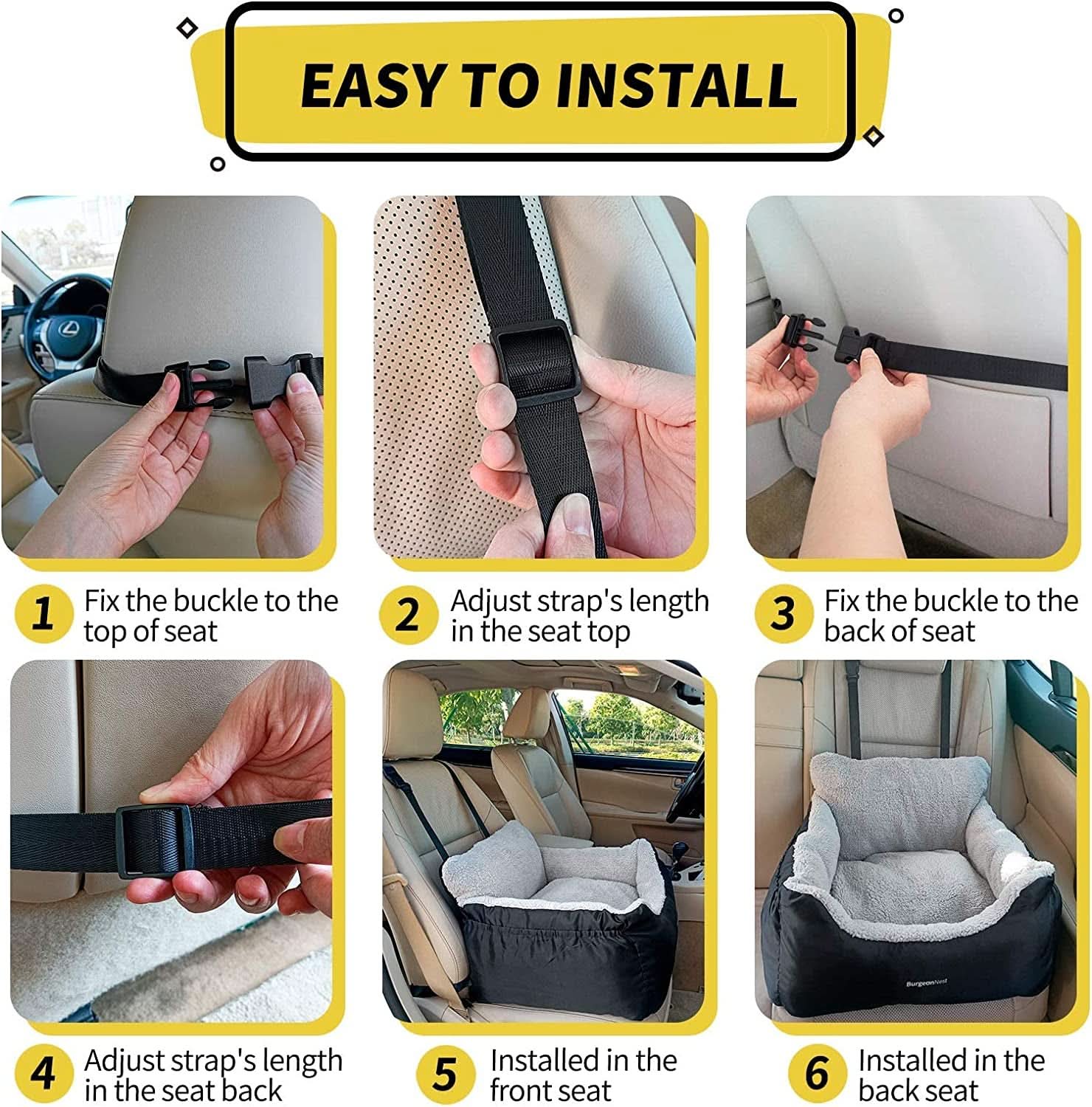 Portable Dog Car Seat for Small Pets, Soft and Washable Travel Bed for Dogs Under 25 lbs, Detachable Cat Booster Seat with Storage Pockets and Clip-On Leash, Black