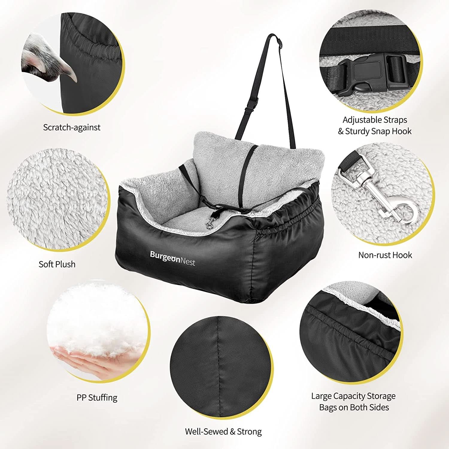 Portable Dog Car Seat for Small Pets, Soft and Washable Travel Bed for Dogs Under 25 lbs, Detachable Cat Booster Seat with Storage Pockets and Clip-On Leash, Black