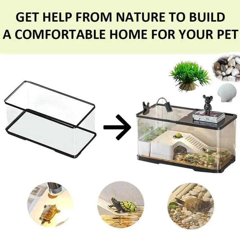 Small Turtle Tank Kit(Tank+Light), Acrylic Turtle Tank Starter Kit with Bask Platform, Bottom Drain, Multi-Function Area for Small Reptiles
