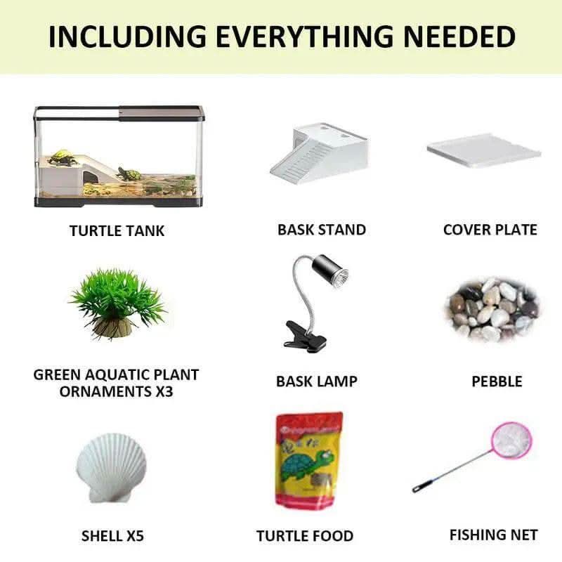 Small Turtle Tank Kit(Tank+Light), Acrylic Turtle Tank Starter Kit with Bask Platform, Bottom Drain, Multi-Function Area for Small Reptiles