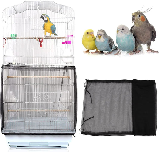 Universal Bird Cage Cover - Adjustable Soft Mesh Net for Parrots, Seed and Feather Catcher, Sheer Guard for Round and Square Cages (Black)